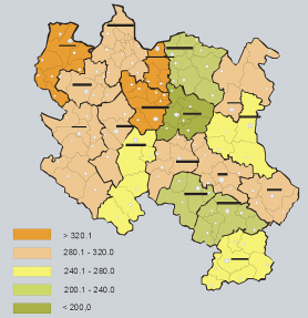 Grafikon 1. Standardizovane i uzrasno specifične stope incidencije od svih lokalizacija raka kod muškaraca, okruzi u centralnoj Srbiji, 2007. godina<br><br>- stope standardizovane prema populaciji sveta na 100.000 stanovnika