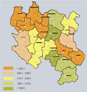 Grafikon 1. Standardizovane i uzrasno specifične stope incidencije od svih lokalizacija raka kod žena, okruzi u centralnoj Srbiji, 2007. godina<br><br>– stope standardizovane prema populaciji sveta na 100.000 stanovnika