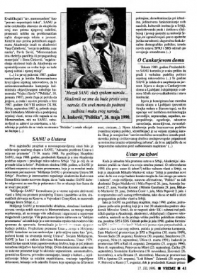 Vreme 247. 17. jul 1995. OLivera Milosavljević: Javna politička delatnost Srpske akademije nauka i umetnosti (1986-1992) 